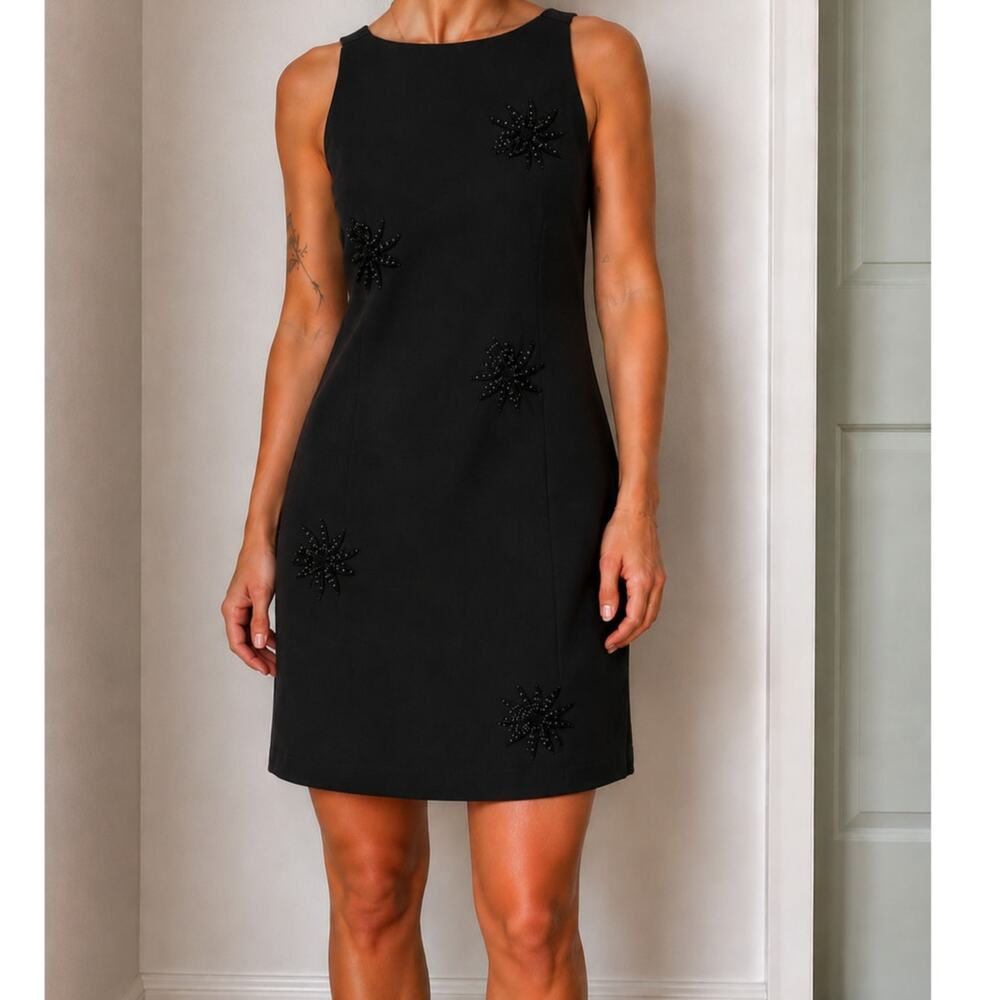 Vintage Black Floral Beaded Mini Dress Shift Cocktail 90s y2k Minimalist-Small